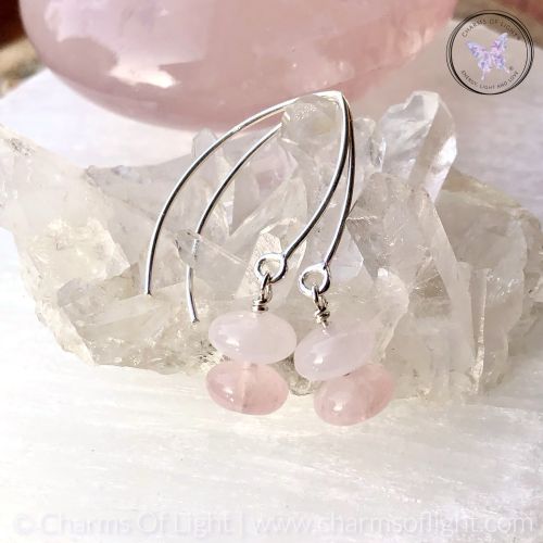 Rose Quartz Rondelle Silver Angled Earrings